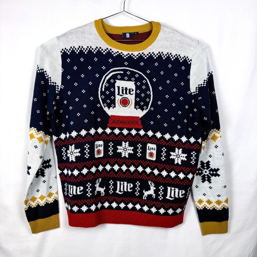 Miller Lite Ugly Christmas Sweater Adult XL Blue Crew Holiday Snow Globe